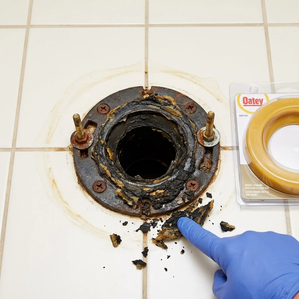 Failed wax ring showing water seepage at the base of a toilet in a Austin, AR home
